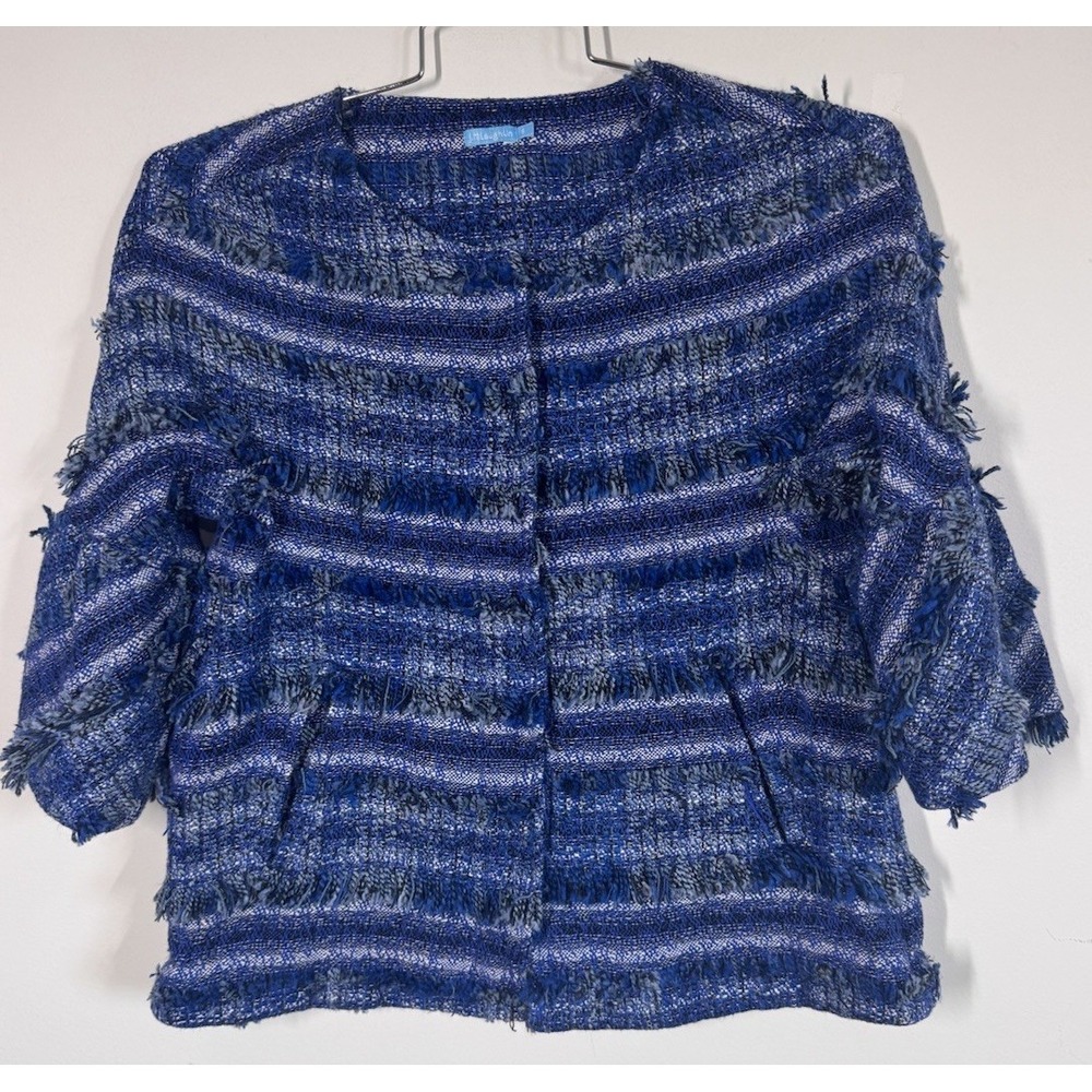 J McLaughlin Linden Blue Striped Tweed Fringe Bell Sleeve Jacket Blazer Size S